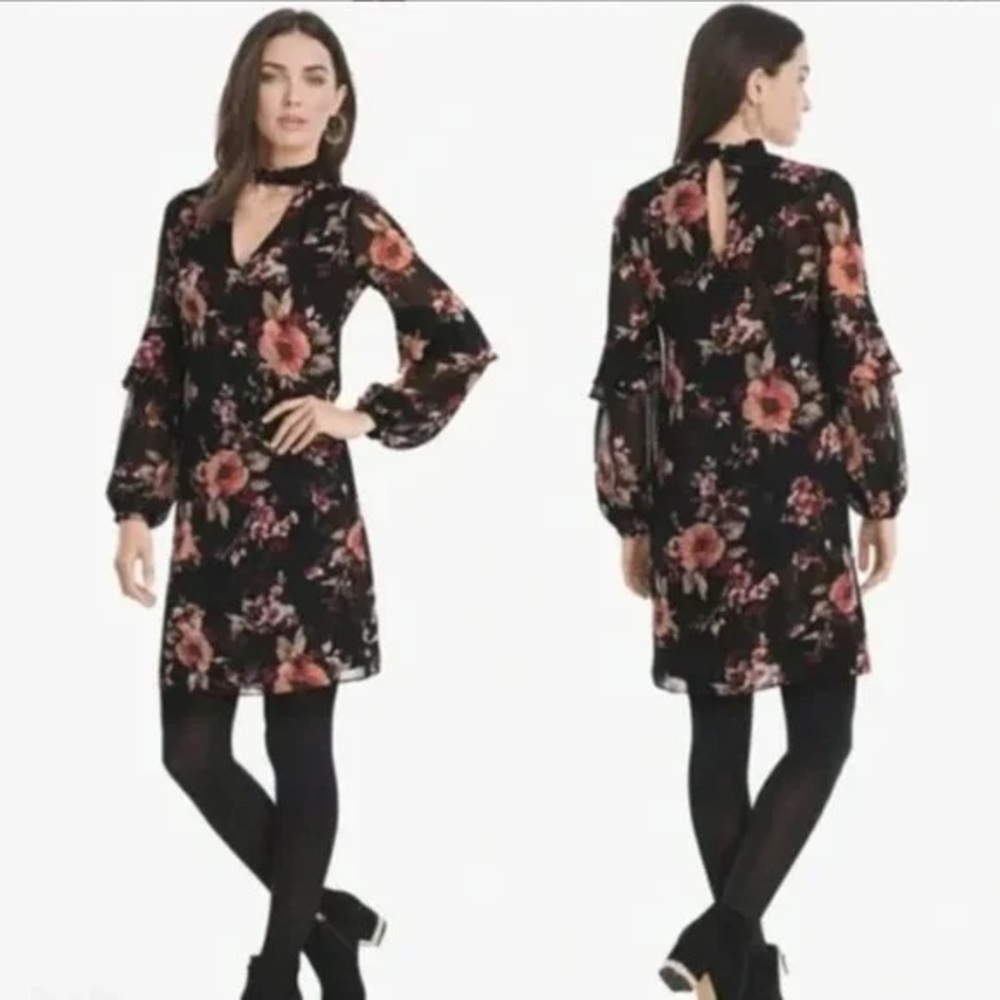 White House Black Market Black Floral Long Sleeve Dress
